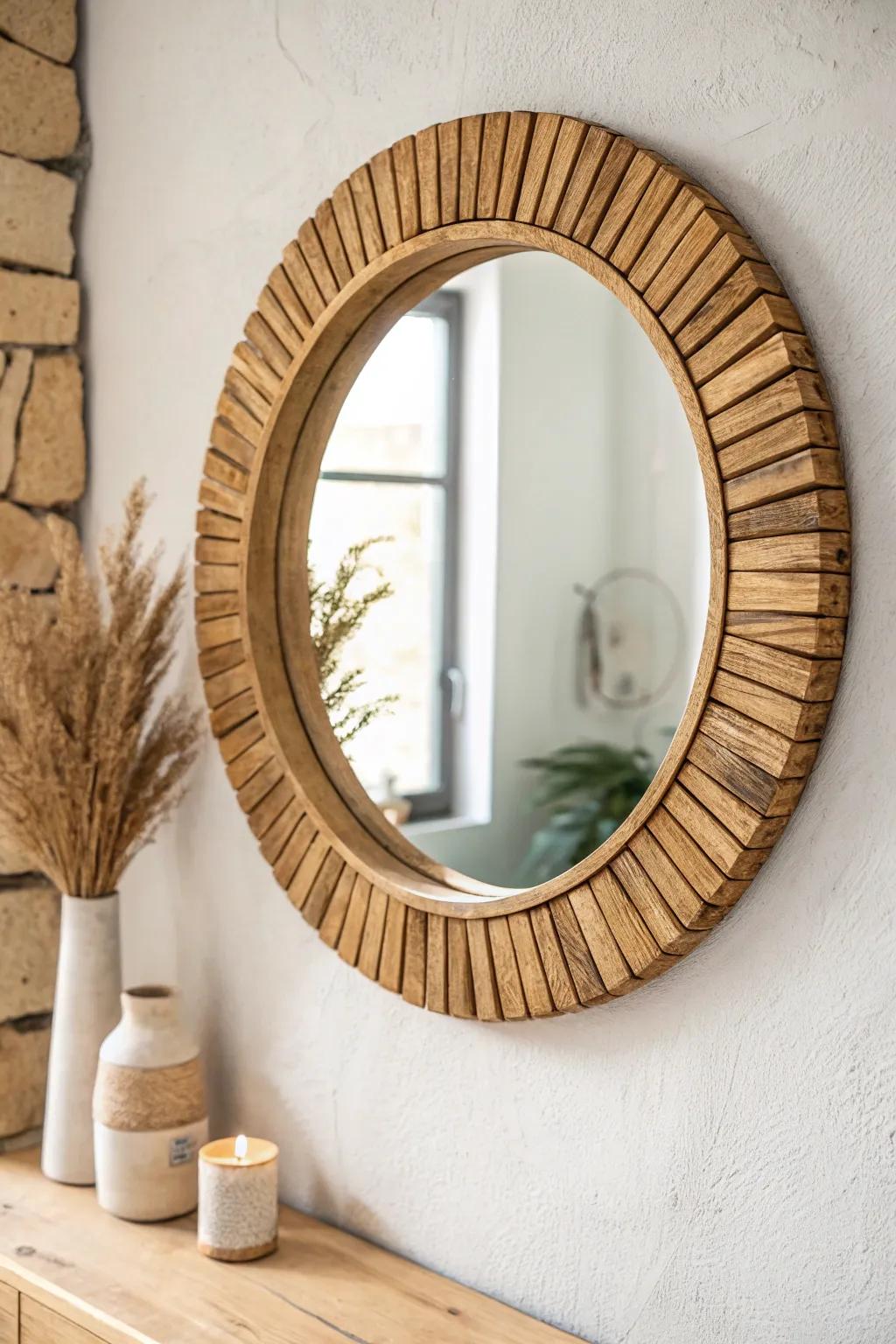 A small live-edge wood slab mirror frame that instantly warms up a minimalist bathroom.
