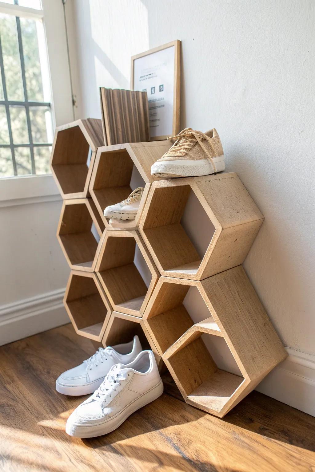 DIY honeycomb sneaker cubes: a chic wall-art solution for small-space shoe storage.