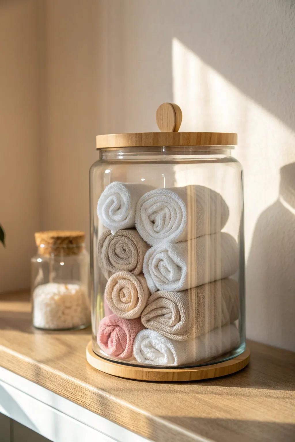 Rolled sock cubes in a clear jar—pretty, practical storage that doubles as shelf decor.