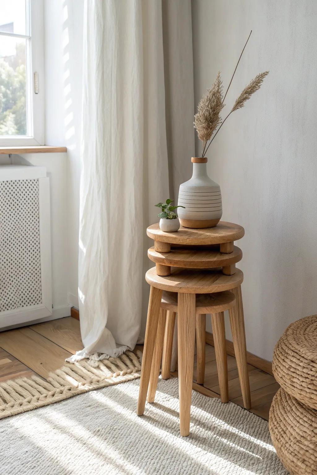 Stackable stools that double as a chic corner side table—extra seating that hides in plain sight.