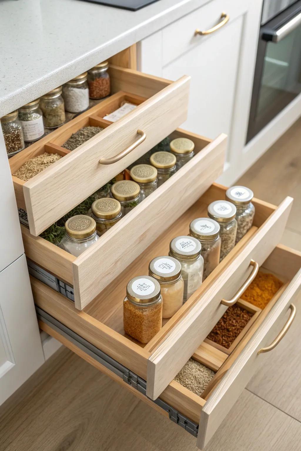 A stair-step drawer rack turns spices into a tidy, readable “stadium” for small kitchens.