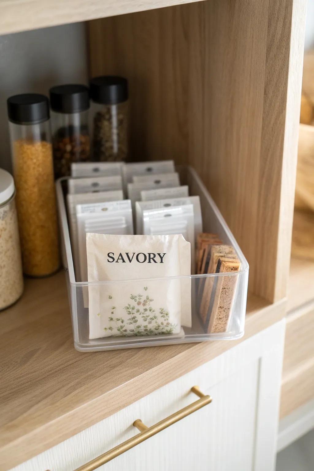 Clear labeled bin keeps savory spices tidy—perfect for small cabinets and odd-shaped packets.