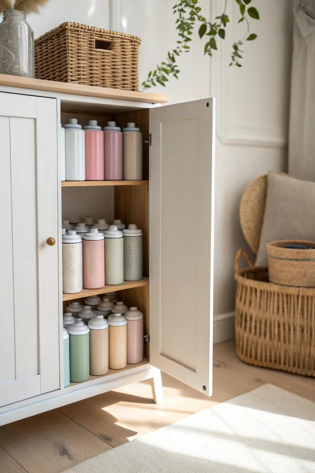 No-drill cabinet fix: two tension rods keep spray paint cans upright and easy to grab.