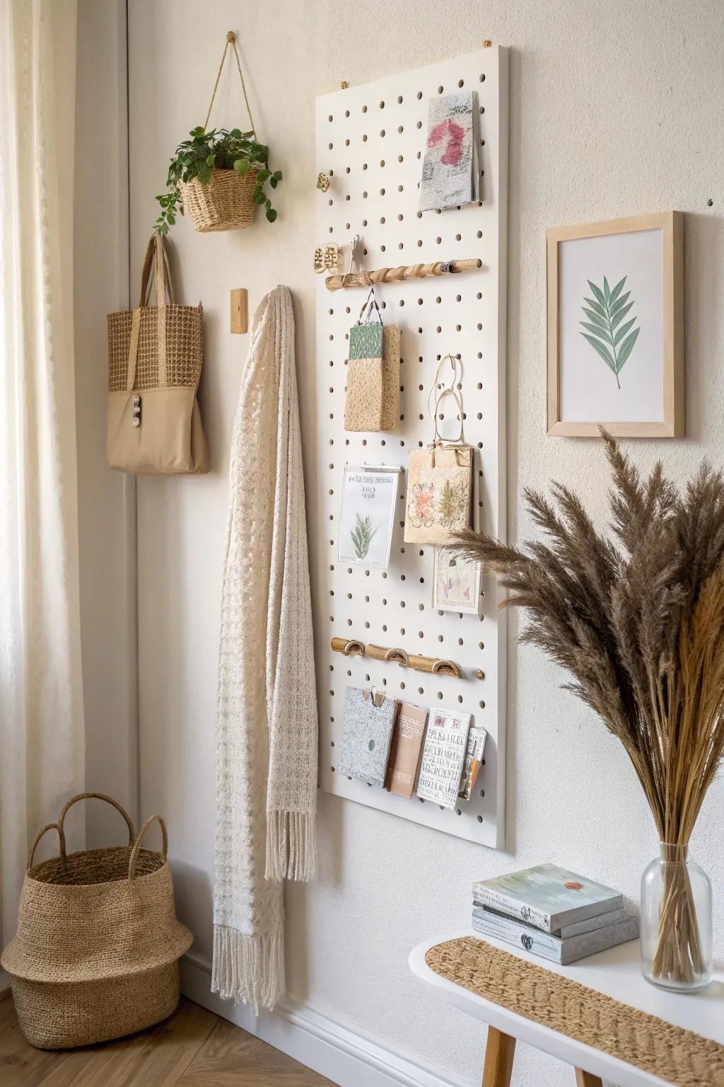 Pegboard + clear pockets keep sticker sheets visible, sorted, and beautifully off the floor.
