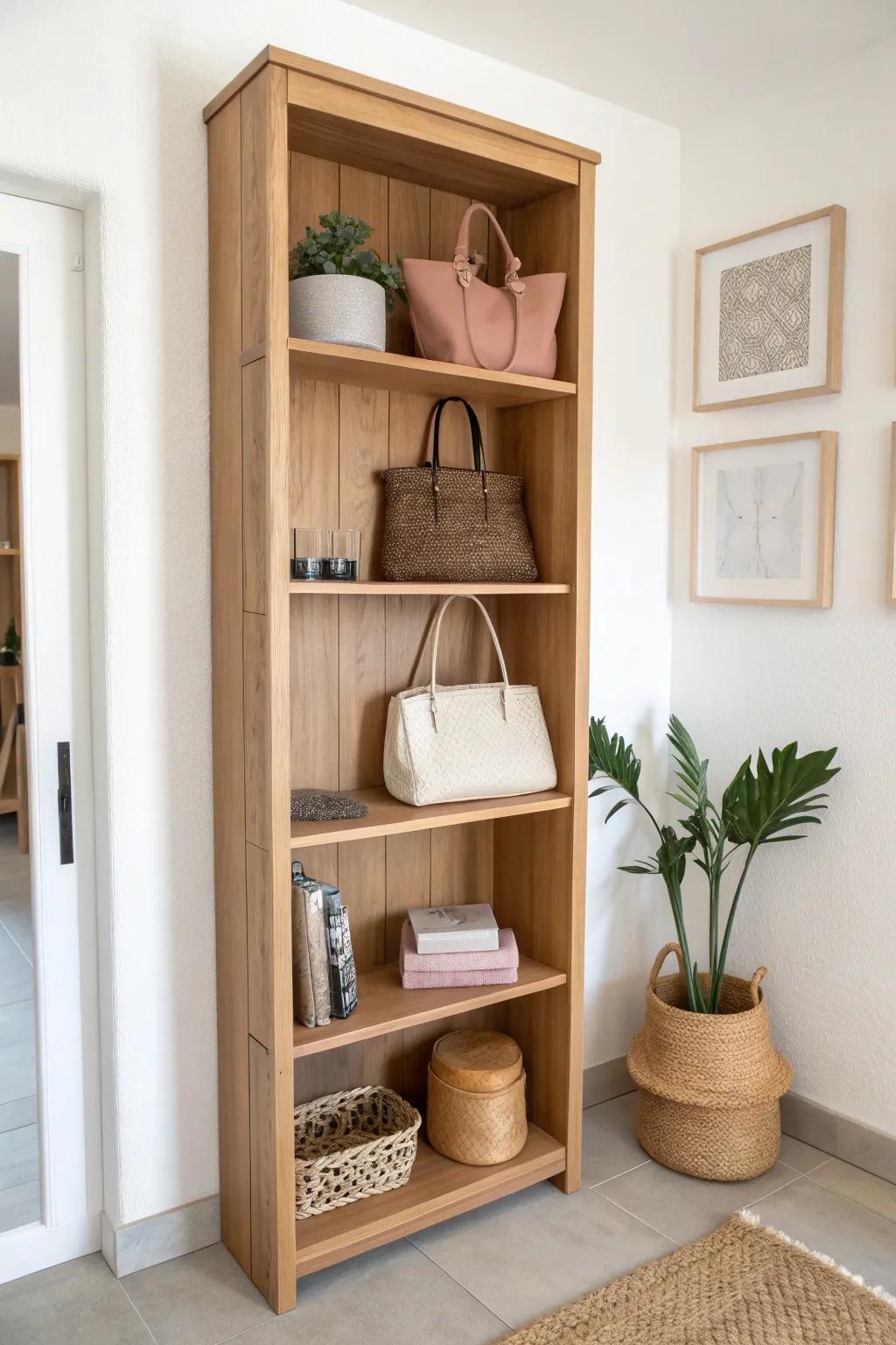 Turn a slim bookcase into a purse gallery—spaced-out bags that look like decor, not clutter.