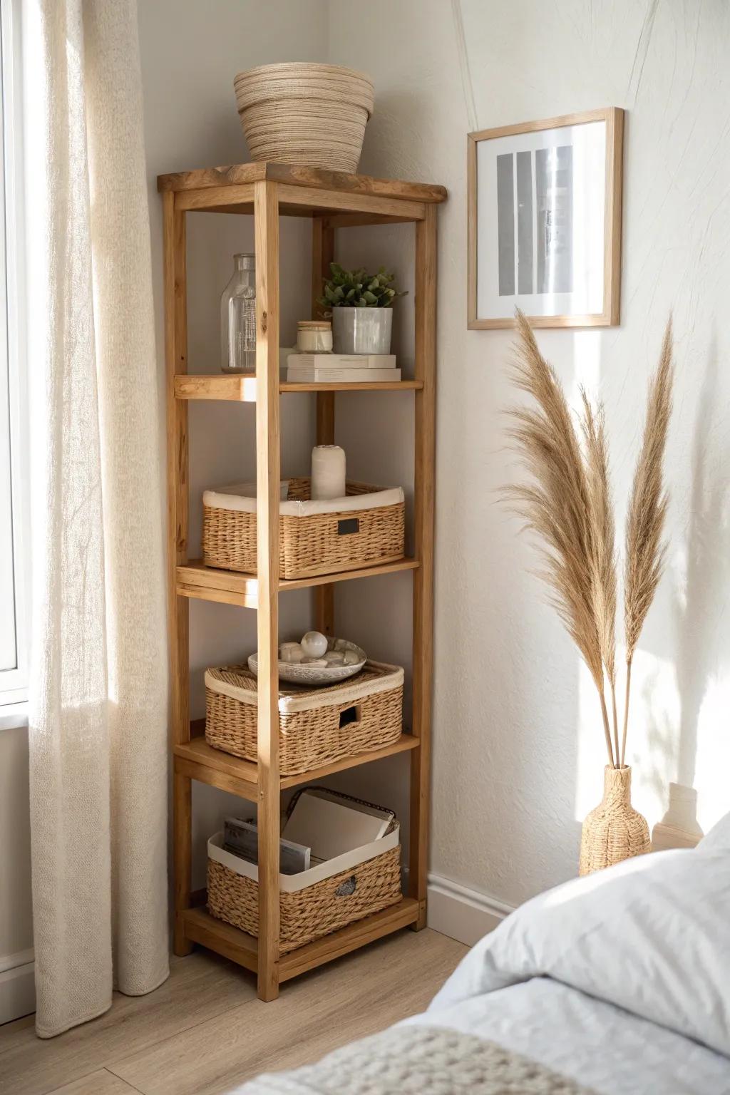Awkward corner? Add sleek corner shelves for baskets, books, and easy small-bedroom storage.