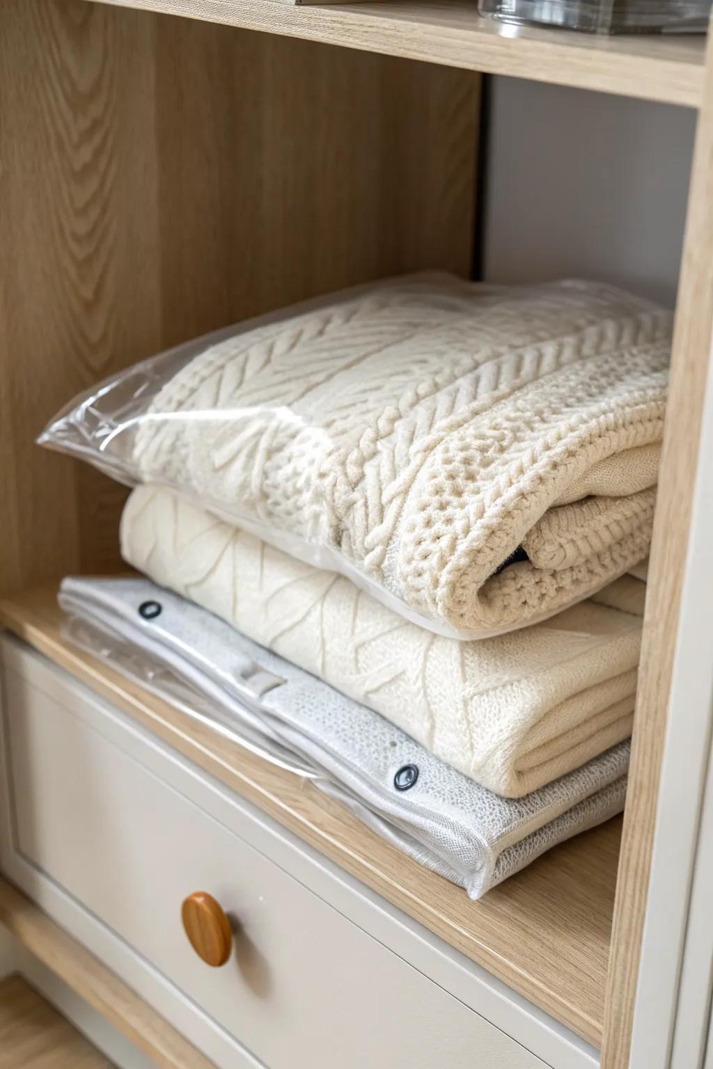 Slim vacuum bags flatten bulky sweaters so your top closet shelf fits twice as much.
