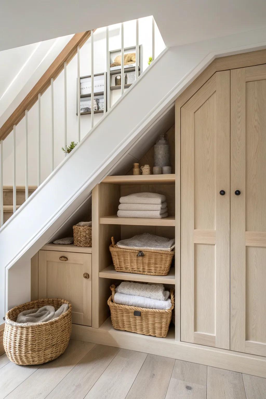 A stepped under-stairs shelving run that turns the awkward triangle into a calm, tidy storage gem.