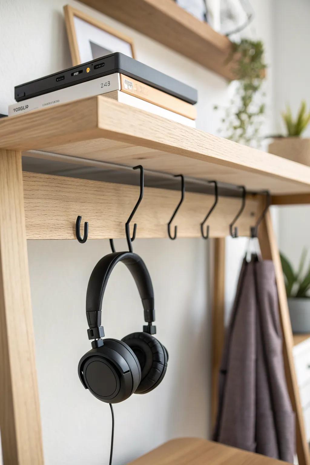 Slim under-desk hook rail keeps headphones and backpack tidy—renter-friendly & chic.