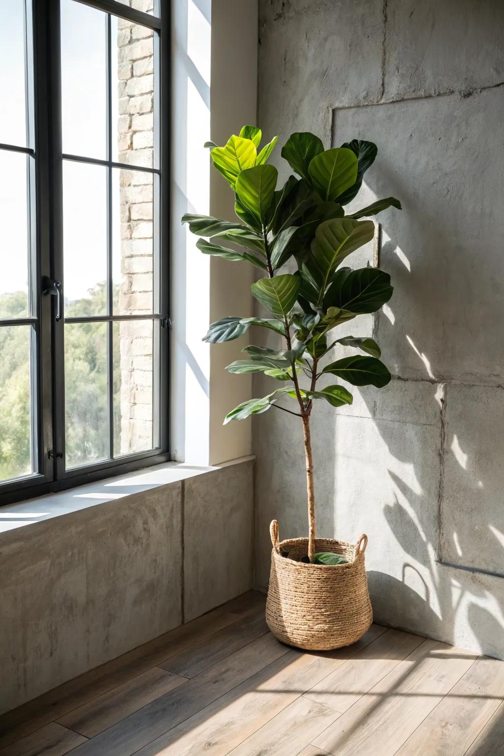 One bold floor plant turns an industrial studio corner into a calmer, warmer space—no clutter.