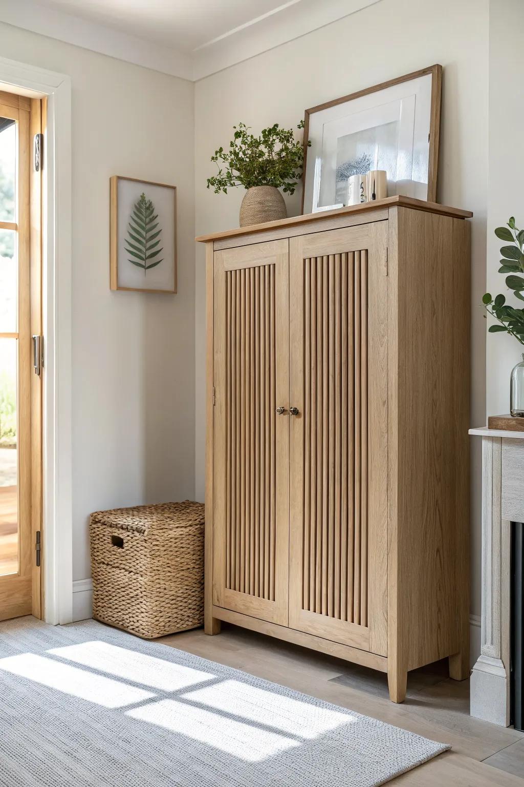 A ventilated slatted cabinet nook that hides a dehumidifier—fresh, tidy, and basement-friendly.