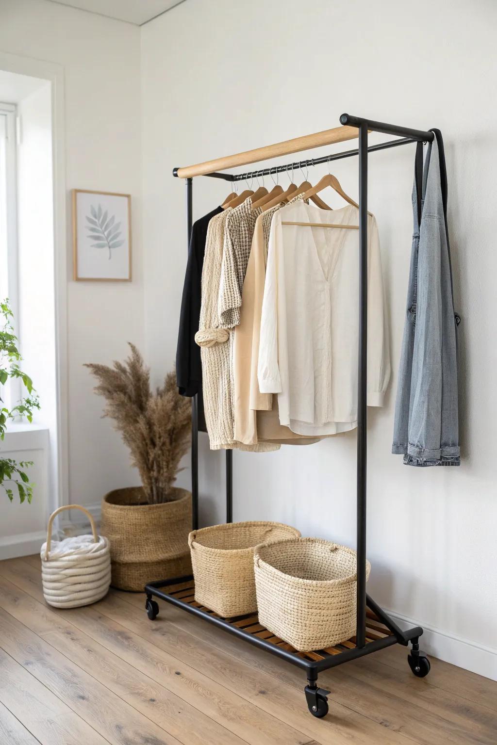 A DIY rolling closet rack with baskets below—flexible storage that looks styled, not temporary.