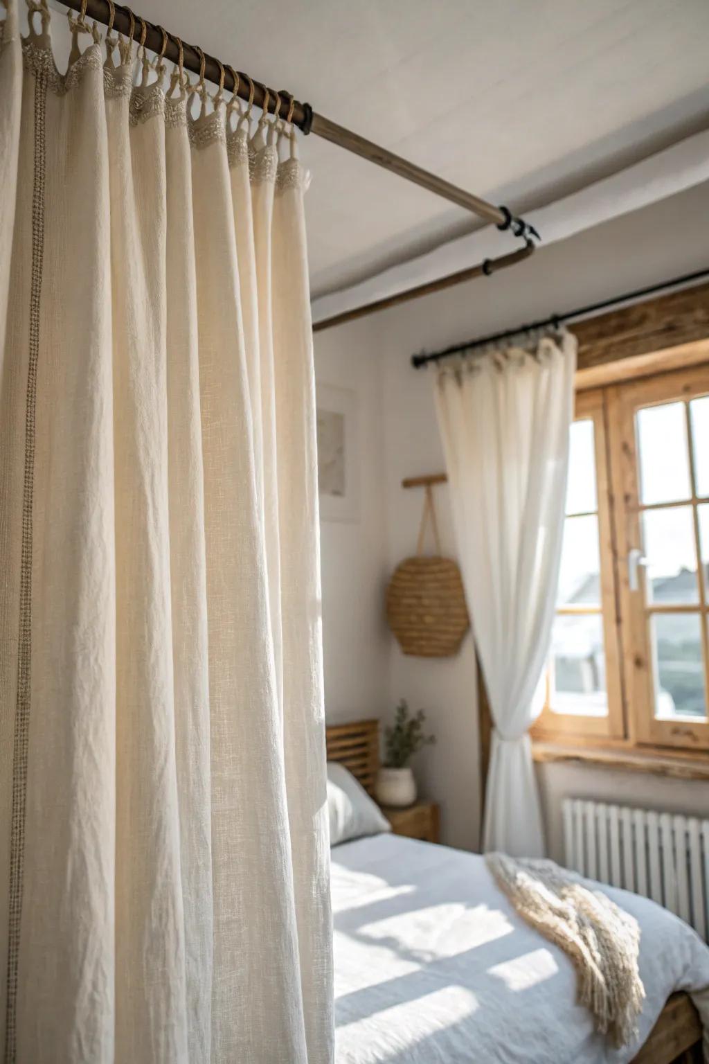 A ceiling curtain creates a cozy “room within a room” around your bed—perfect for studios.