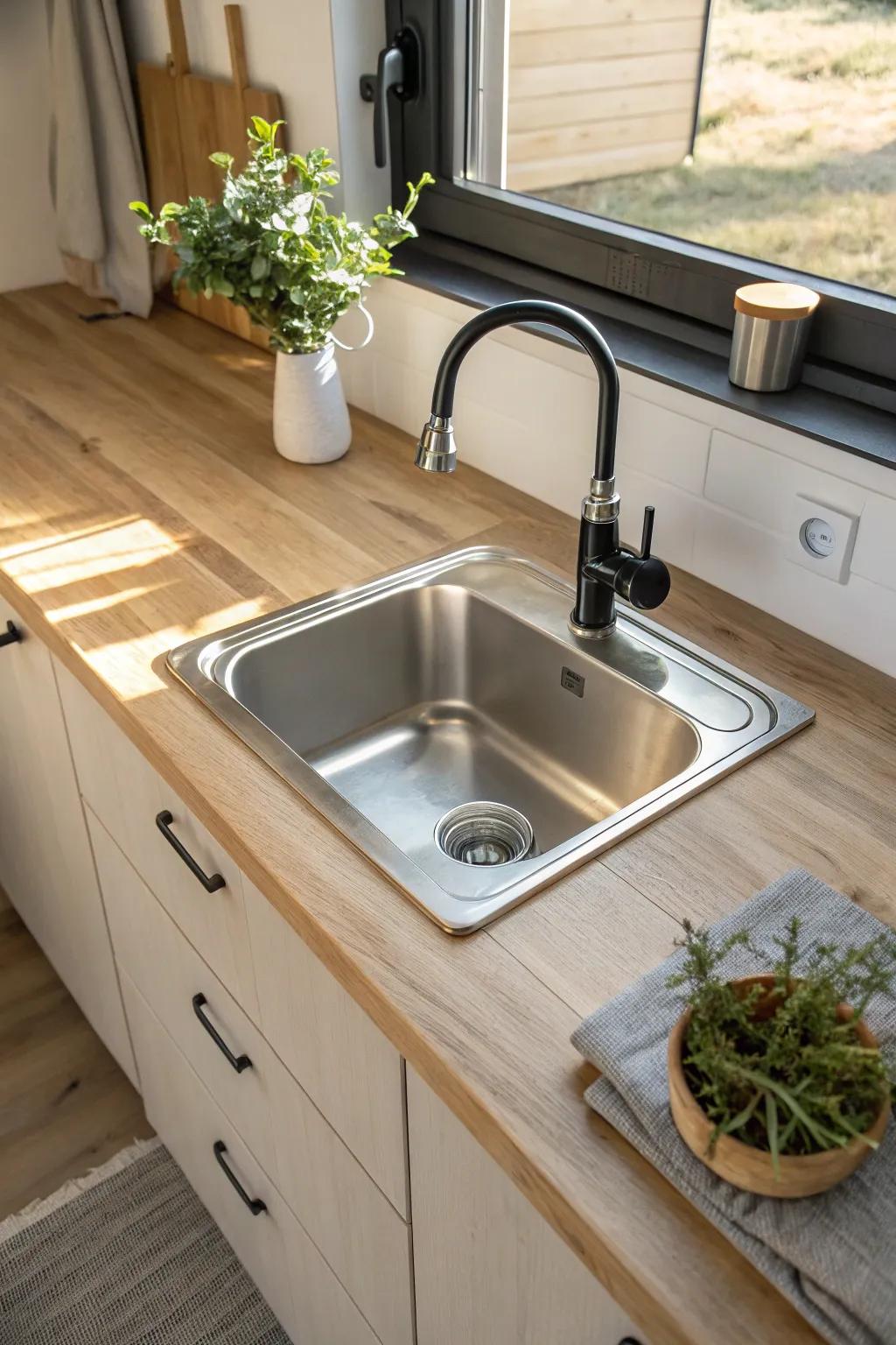A sideways sink layout frees up precious counter edge in the smallest studio kitchens.