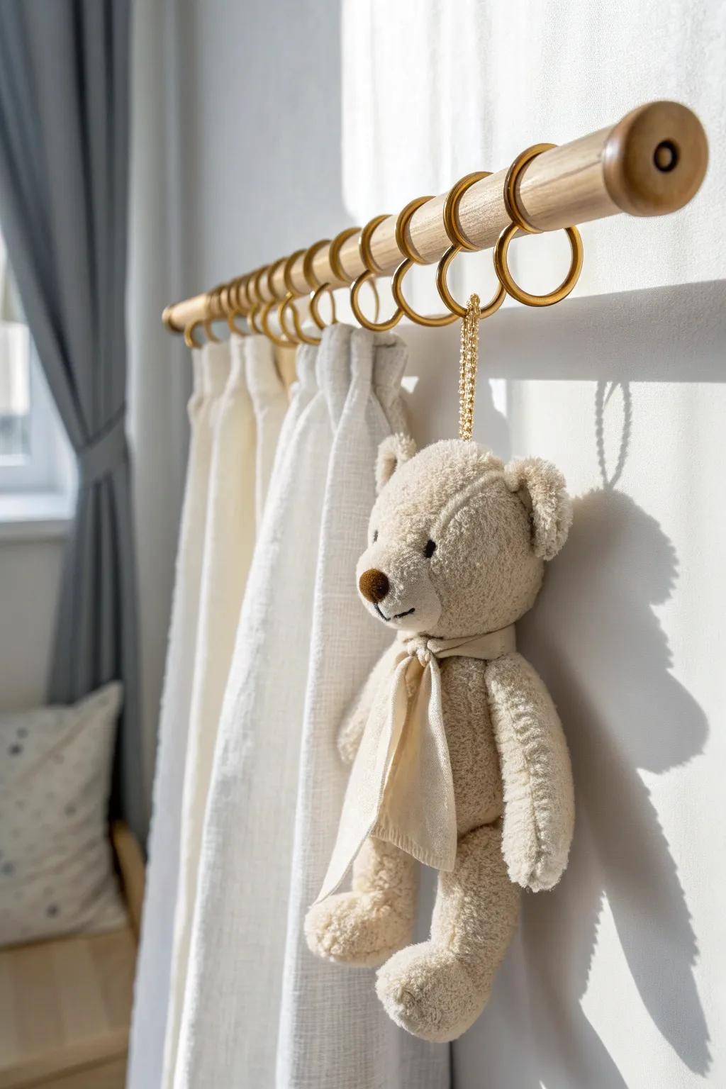 A simple curtain rod + brass clip rings turns one plush into a chic, space-saving display.