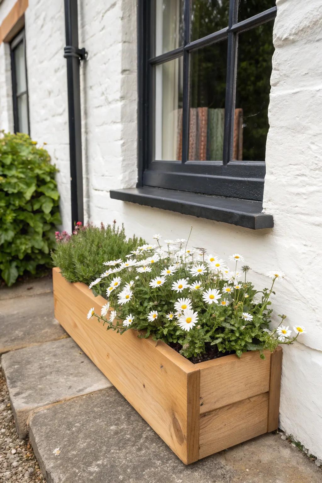 No-drill charm: a low window box on the ground creates a ledge-look for summer blooms.