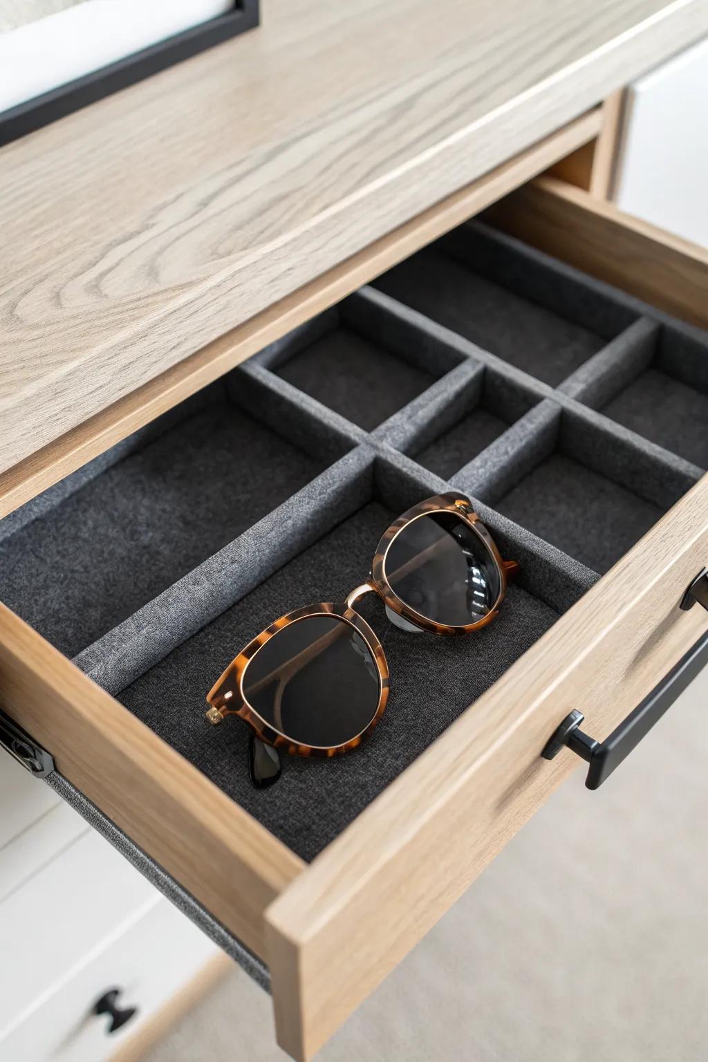 Custom-cut foam drawer insert keeps your best sunnies scratch-free and beautifully organized.