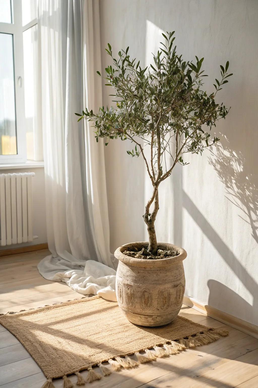 Mediterranean calm in a small sunroom: a petite olive tree adds airy height and texture.