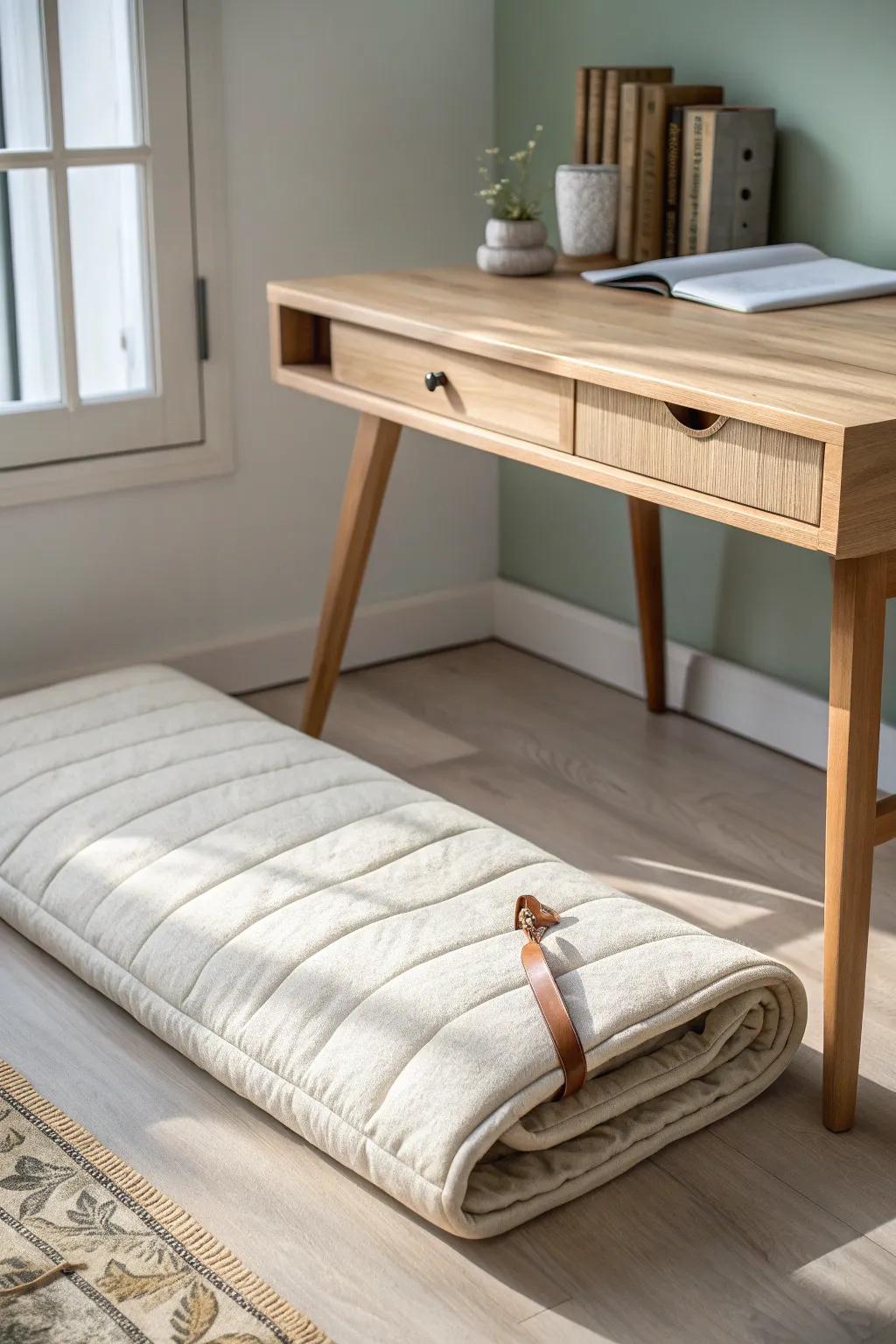 Stealthy under-desk floor mattress—instant guest bed in one smooth, minimalist move.
