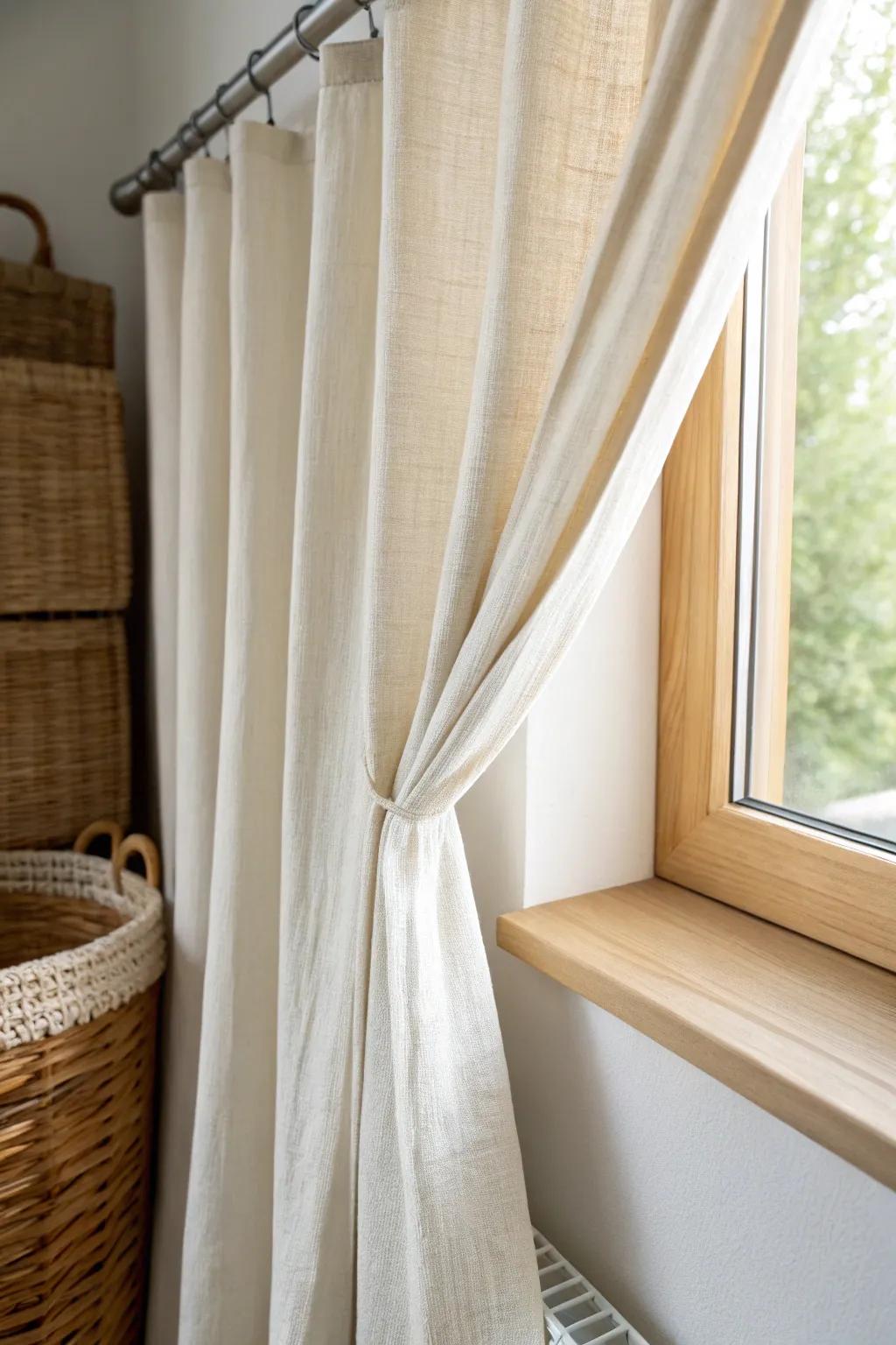 A simple linen nook curtain on a tension rod to hide your tiny office after hours.