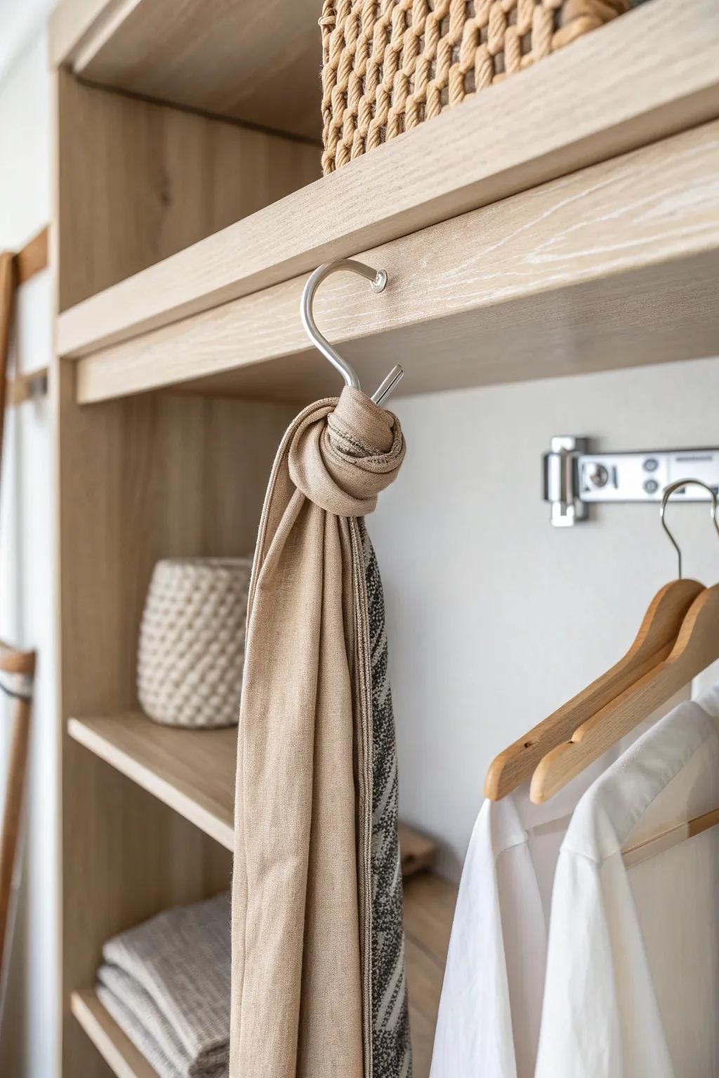 A hidden under-shelf hook turns ignored closet space into chic, easy-to-reach tie storage.