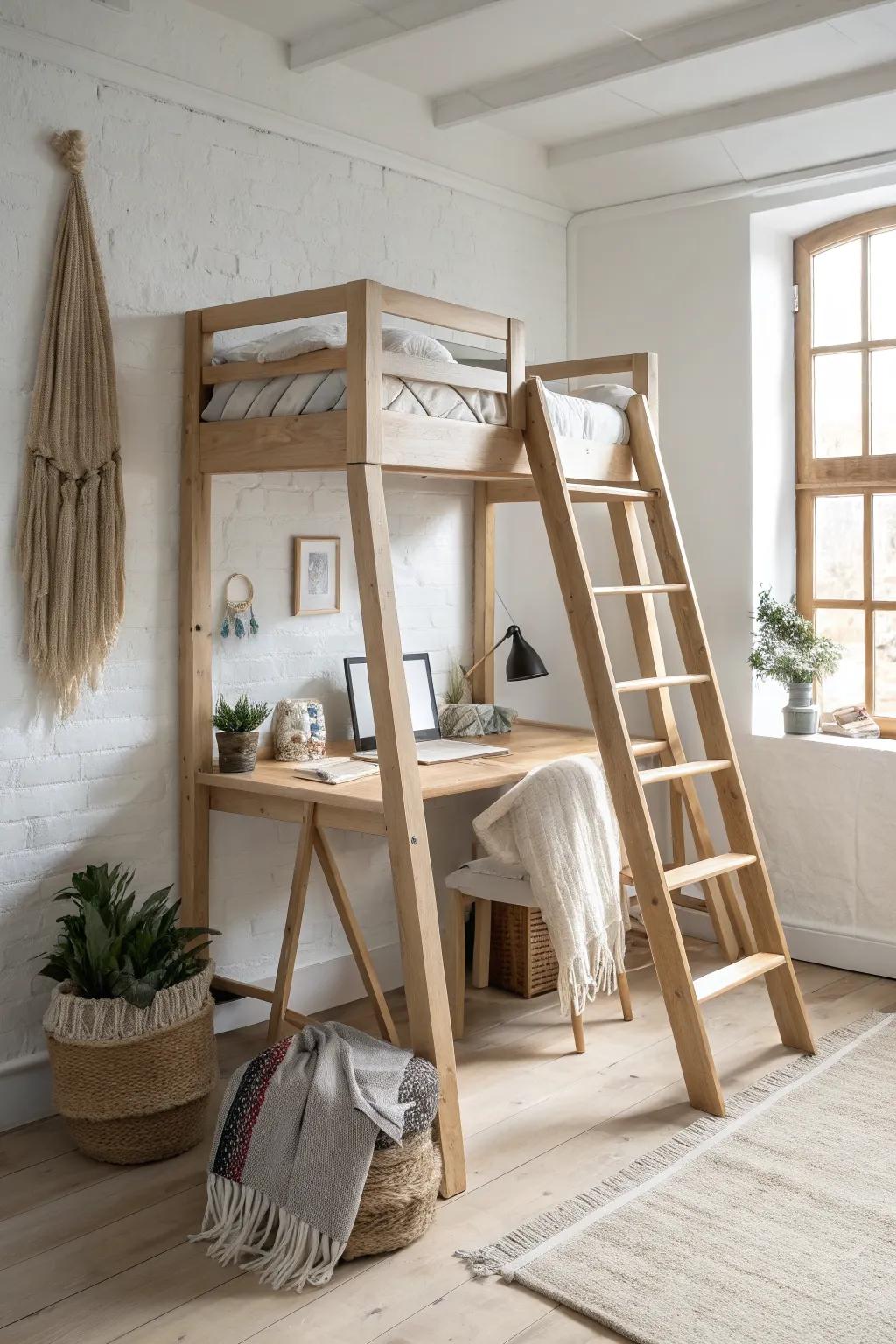 Loft bed over a desk: stack sleep + work in one airy, minimalist tiny-home zone.