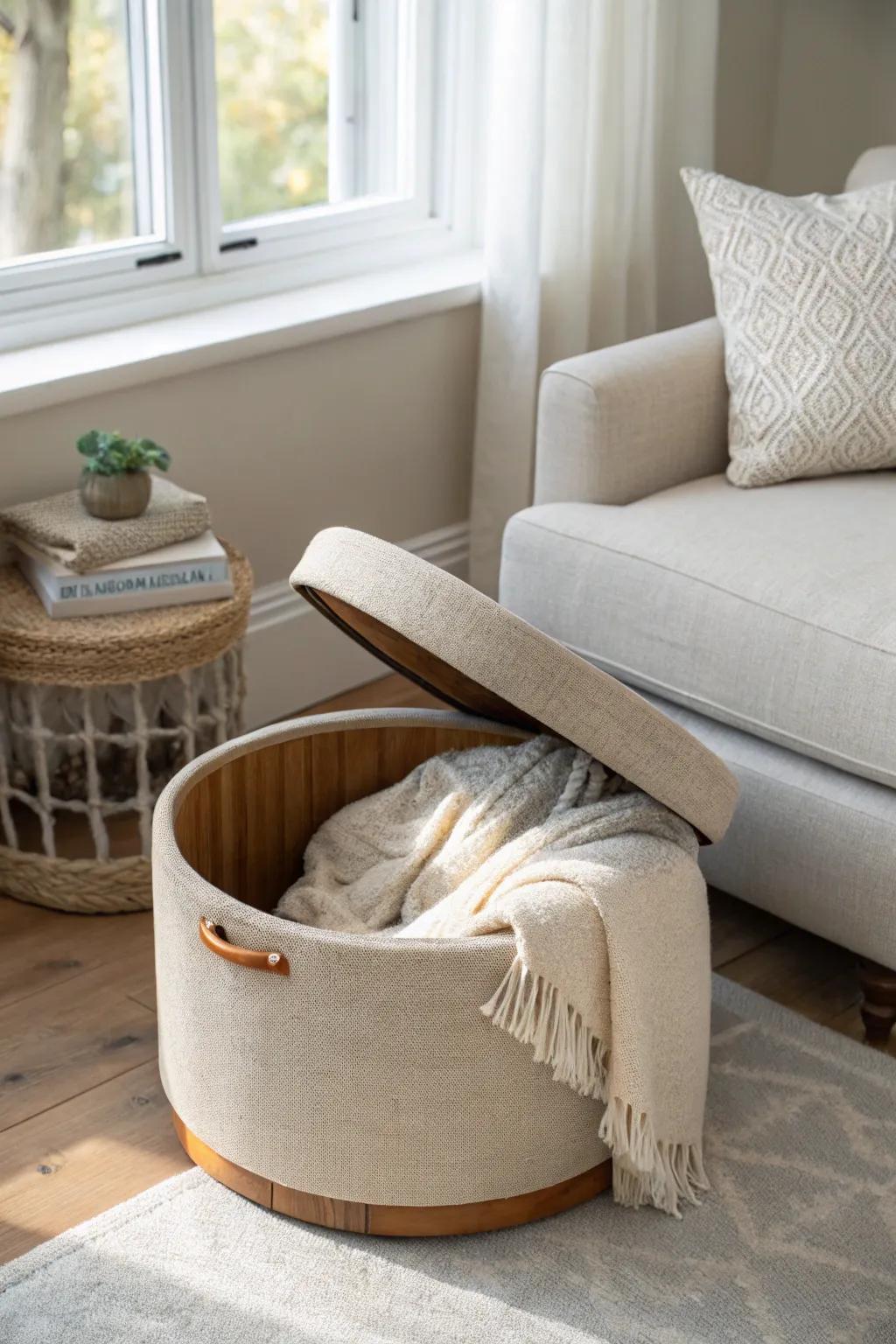 A chic storage ottoman that replaces a side table—and hides throws for an instant reset.
