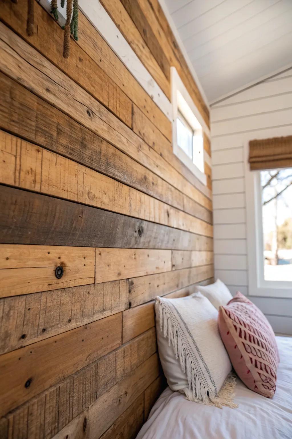 Budget-friendly reclaimed wood accent wall that warms up a tiny sleeping nook instantly.