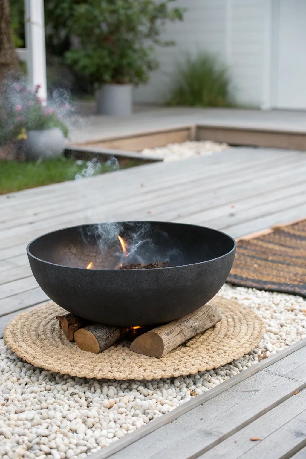 Micro fire pit, maximum cozy—keep it compact with a clean gravel safety buffer in tiny spaces.