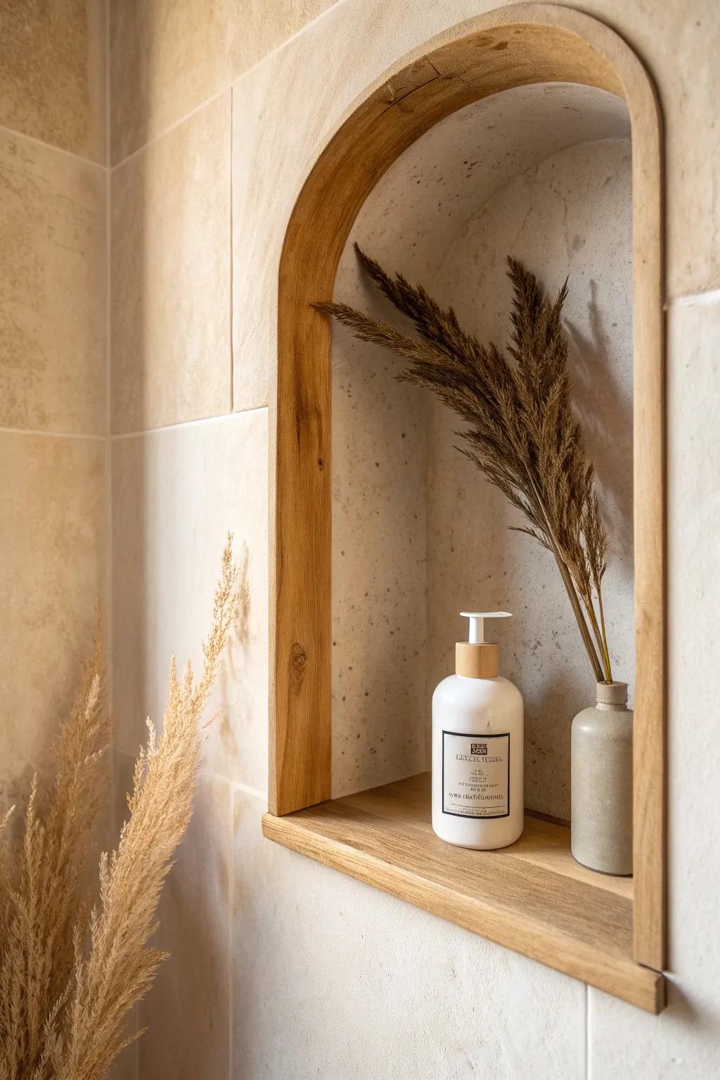 A recessed wall niche keeps tiny bathrooms airy—storage that disappears into the wall.