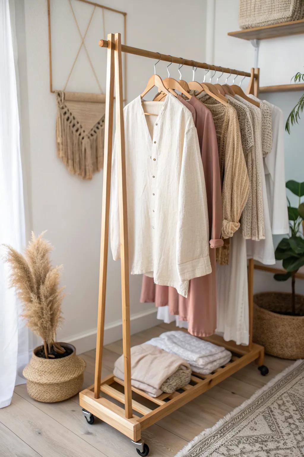 A slim rolling rack keeps your tiny closet calm—pull out outfits, roll back in seconds.