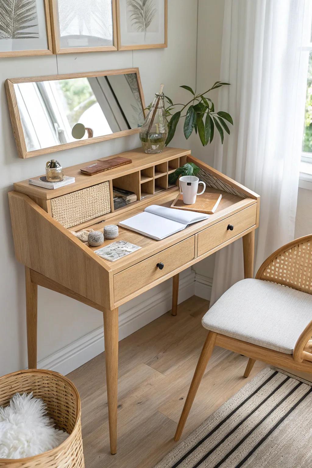 Flip-top vanity turns into a sleek desk—hidden mirror storage keeps tiny spaces beautifully tidy.