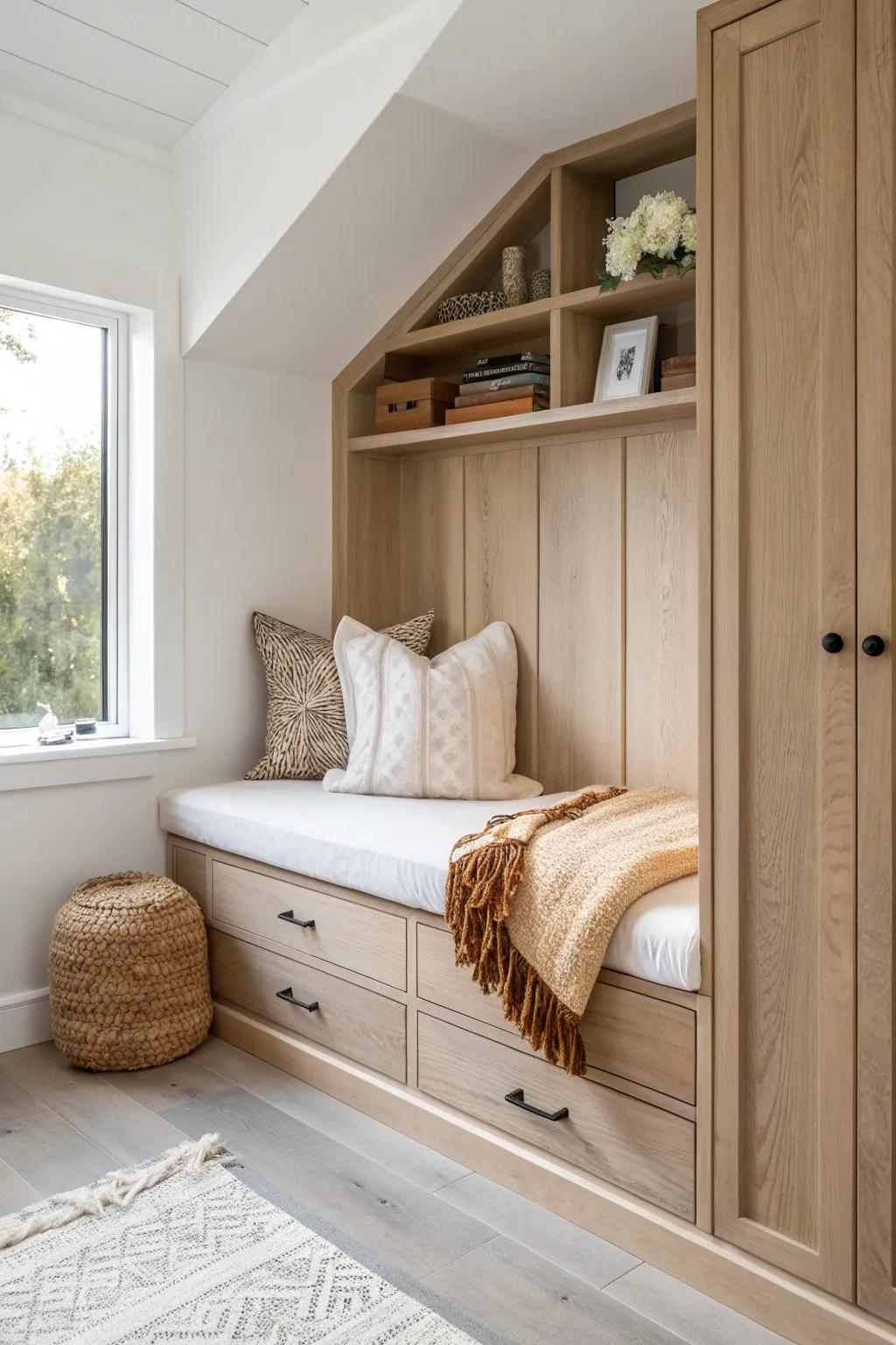 Make that awkward alcove feel intentional—one built‑in nook turns dead space into a tiny room.