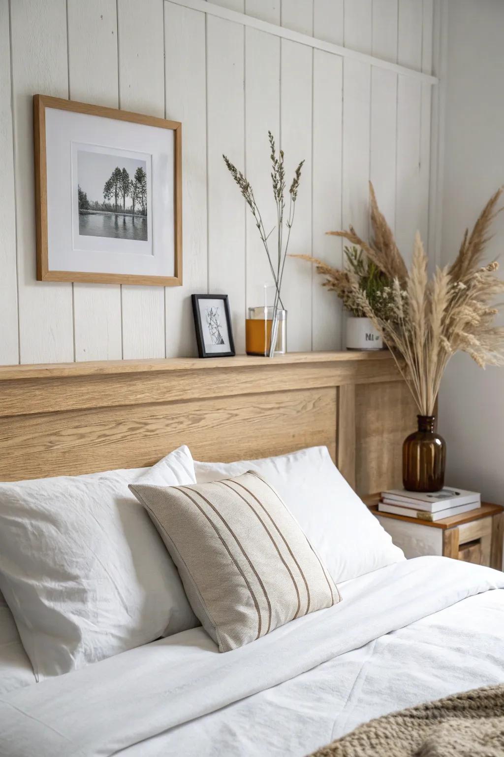 A narrow picture ledge behind pillows adds style and storage—without the bulk of a headboard.