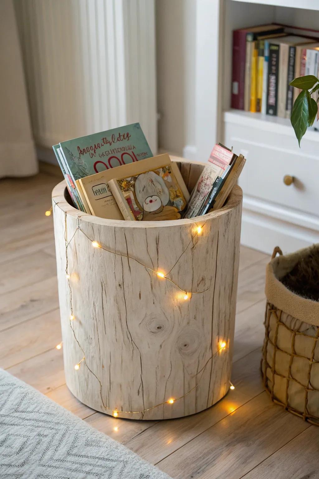 A tiny campfire vibe: faux log book bin + warm glow lights for the sweetest toddler stories.