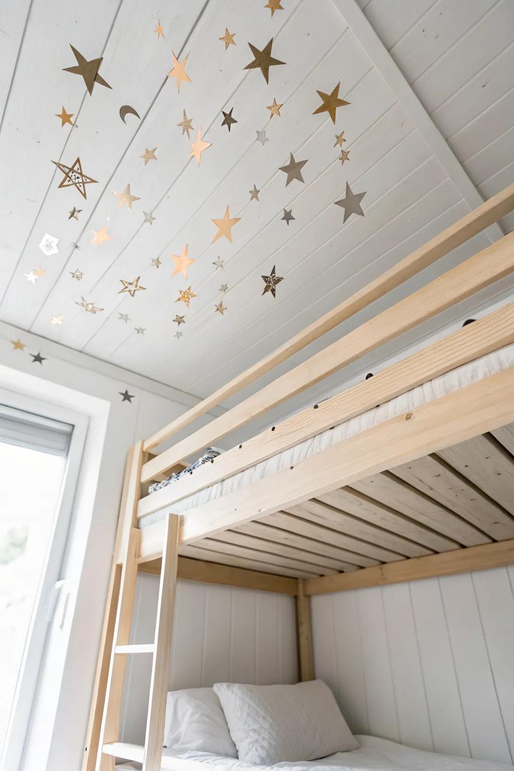 Ceiling “starry” decals above the top bunk add a dreamy glow—magical, minimal, and clutter-free.