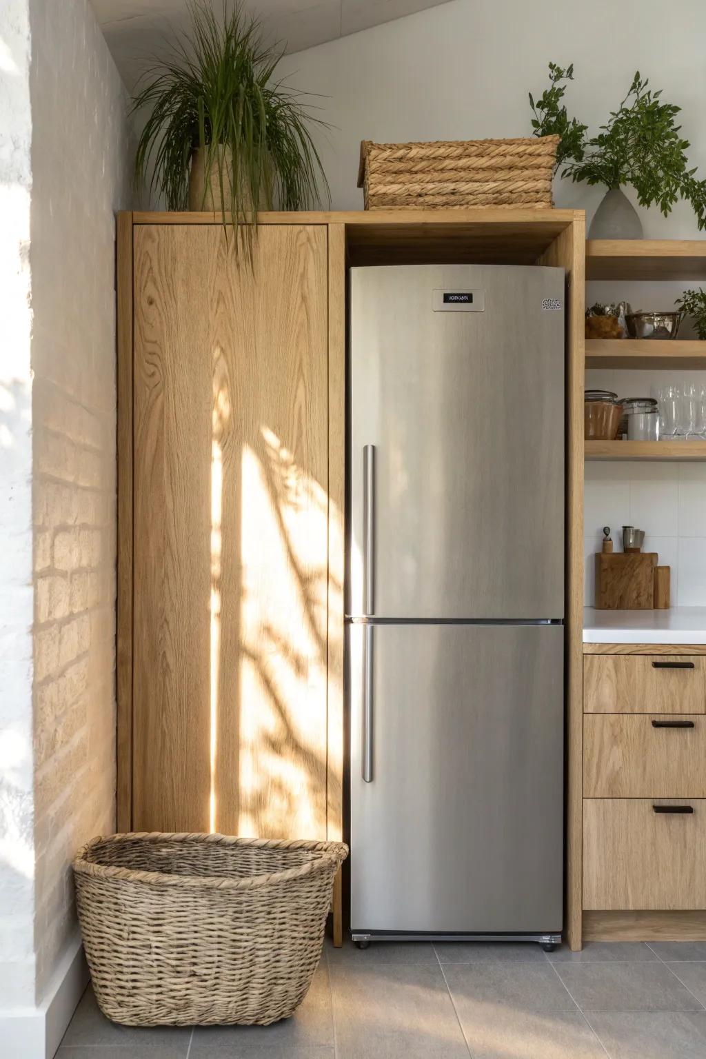 Forward-flush cabinet extension makes fridge-top storage look built-in and easy to reach.