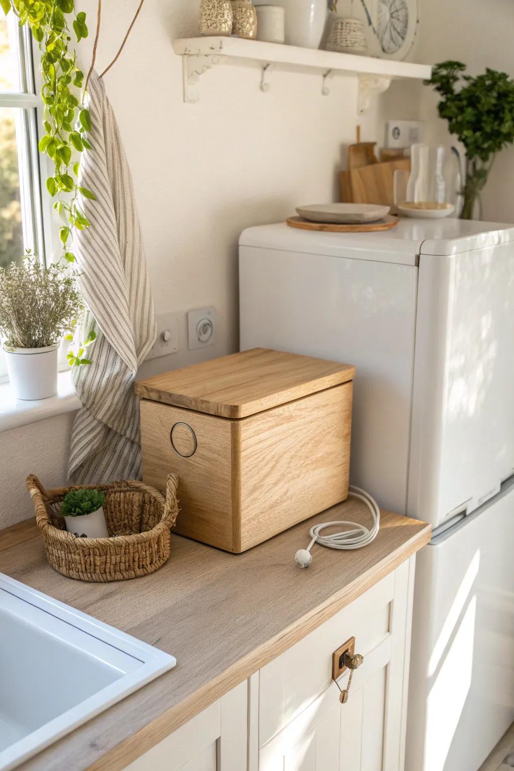 Hide cords in a chic lidded box above the fridge for a calm, clutter-free kitchen.