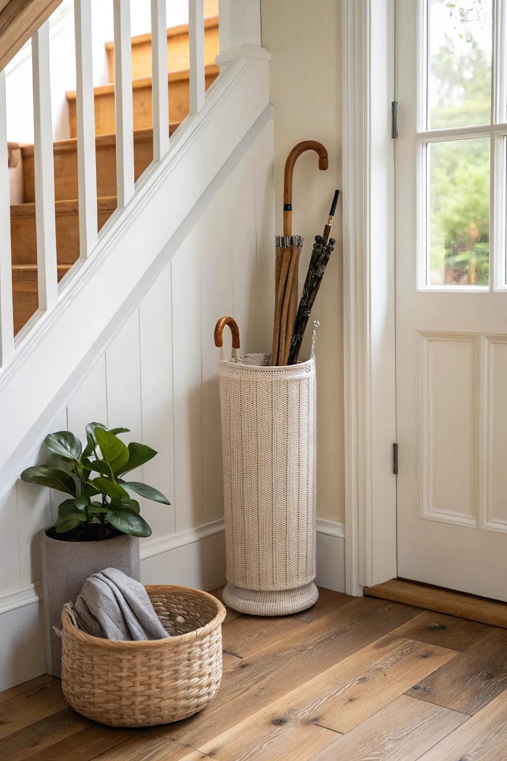 A slim corner umbrella stand creates a drip zone and keeps townhouse entry floors spotless.