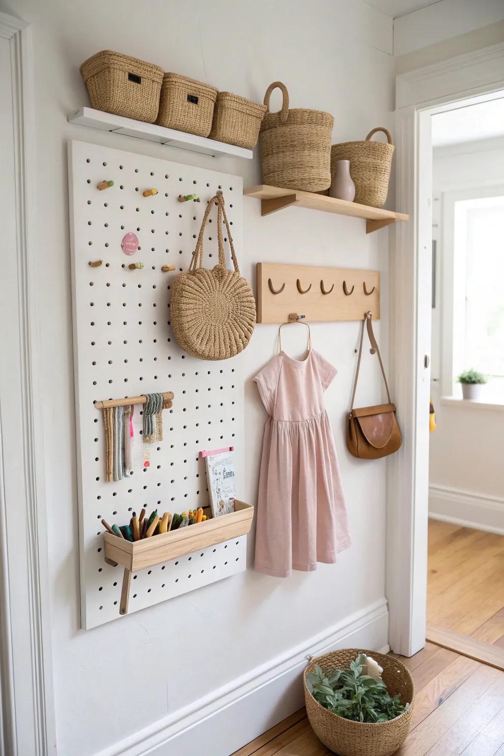 Pegboard toy wall: a slim, stylish way to keep tools, dress-up & crafts within easy reach.