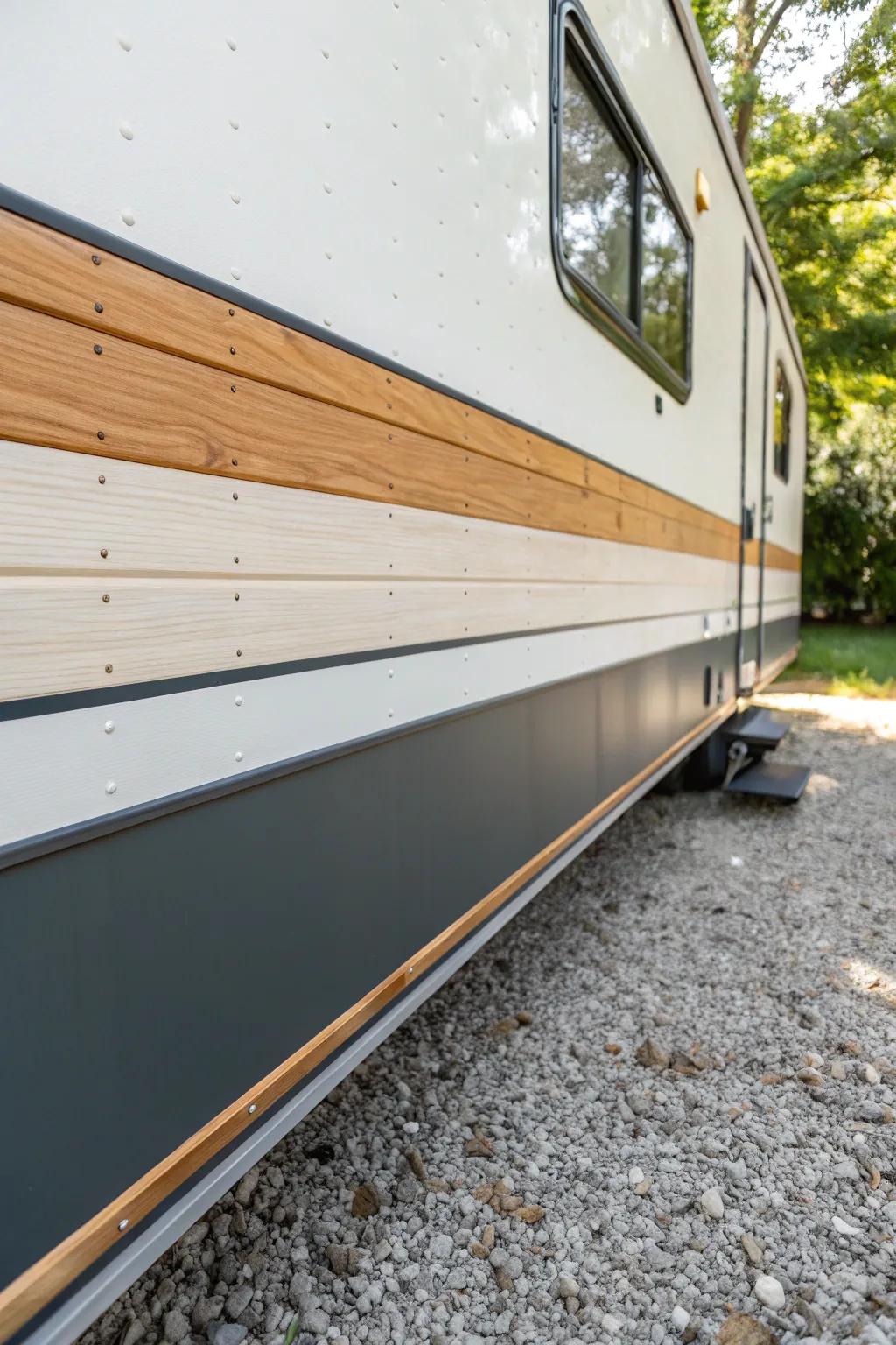 Two-tone skirting bands: charcoal base hides dirt, light top keeps the look airy.