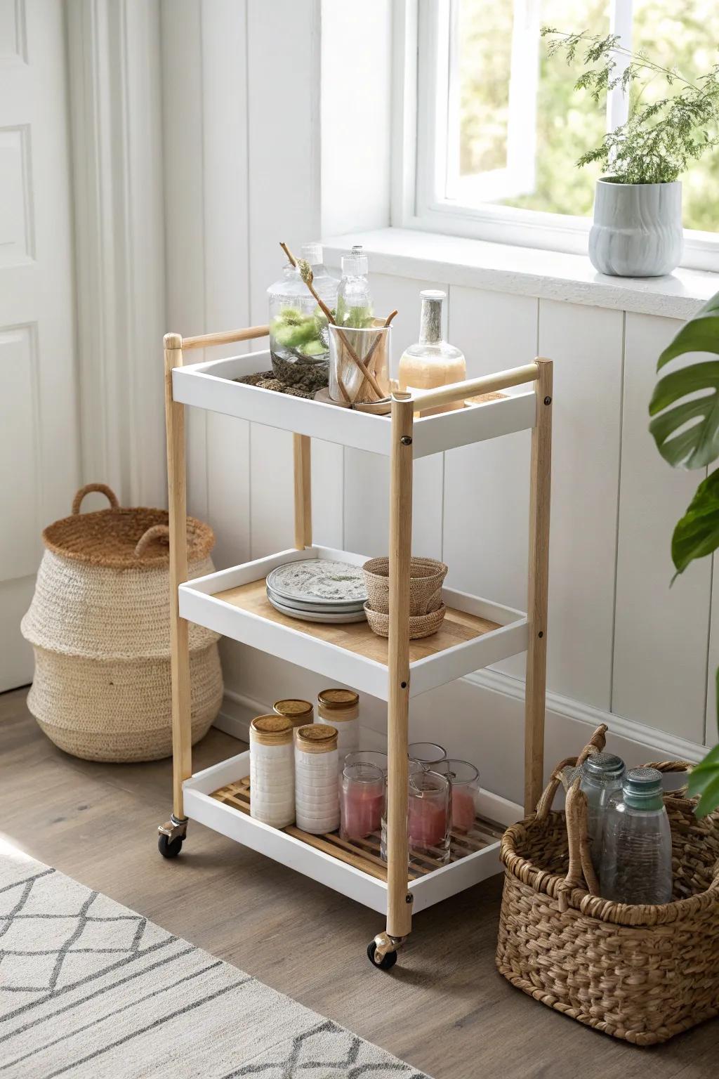 A slim rolling cart tumbler bar: cups on top, lids and straws below—tiny-space perfection.