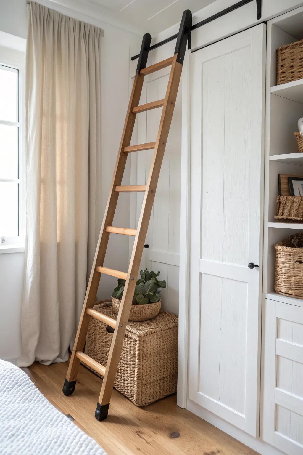 A rolling ladder turns high shelves into usable storage—instant boutique closet vibes.
