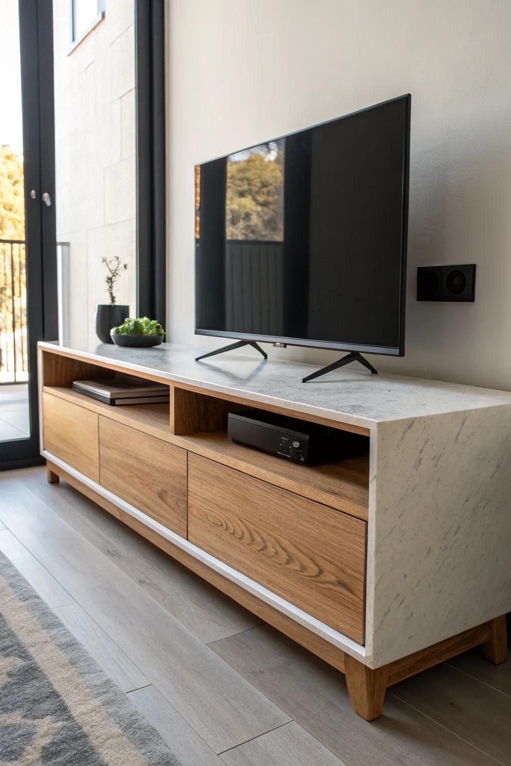Warm oak meets matte black for a small-space TV console that feels modern, cozy, and curated.