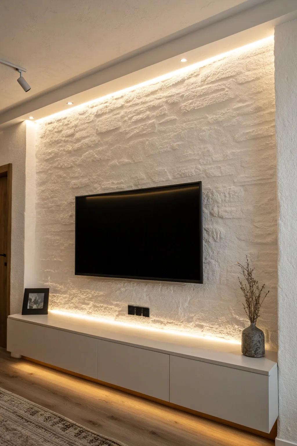 Soft LED bias lighting behind a wall-mounted TV for a luxe glow and gentler nighttime viewing.