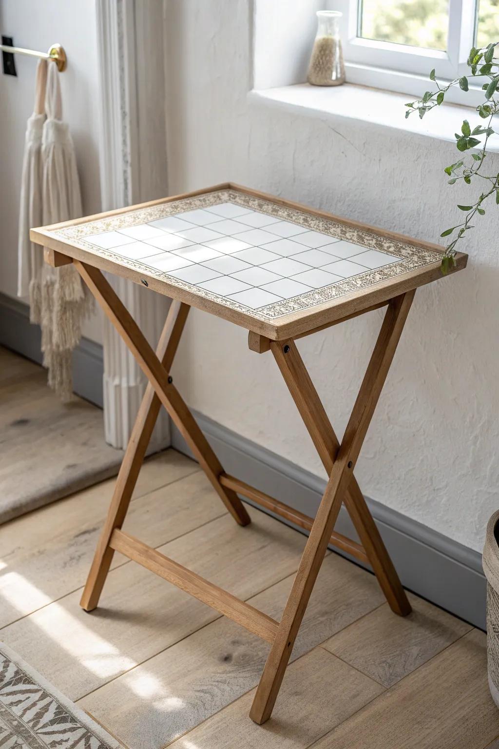 A tile-top TV tray that shrugs off coffee spills—minimal, durable, and effortlessly chic.