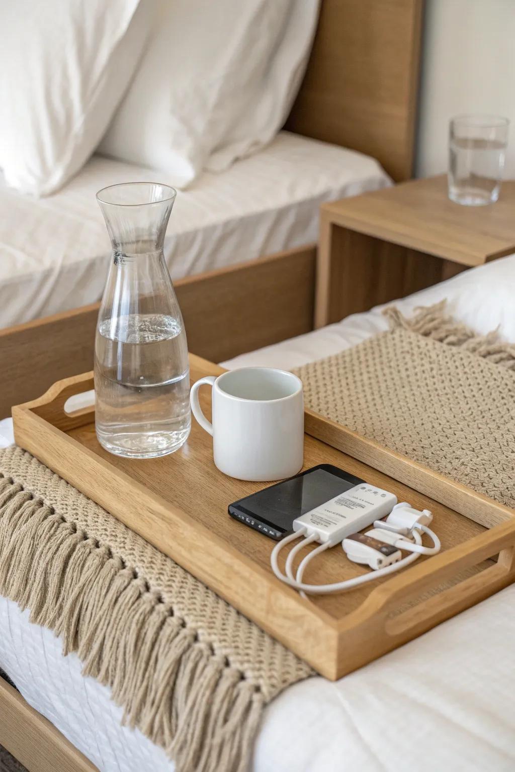 A tiny guest tray with water, charger + cozy throw turns twin beds into a true mini hospitality station.