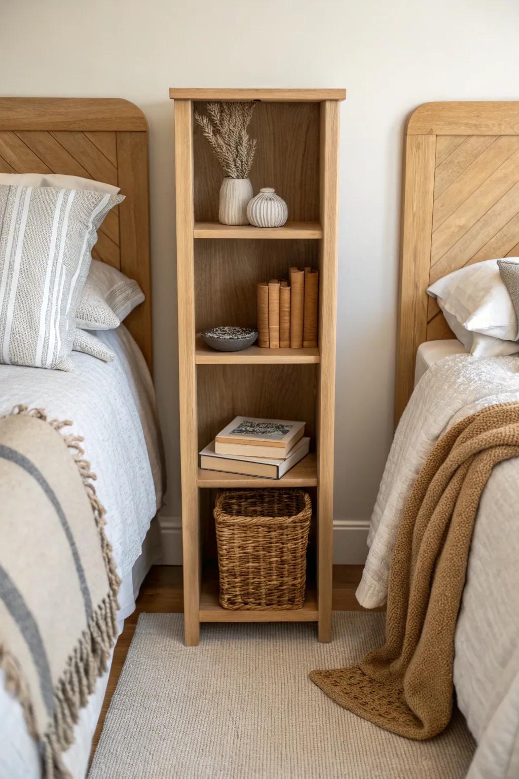 A slim open shelf divider gives each twin bed its own calm, cozy “side” in a small room.