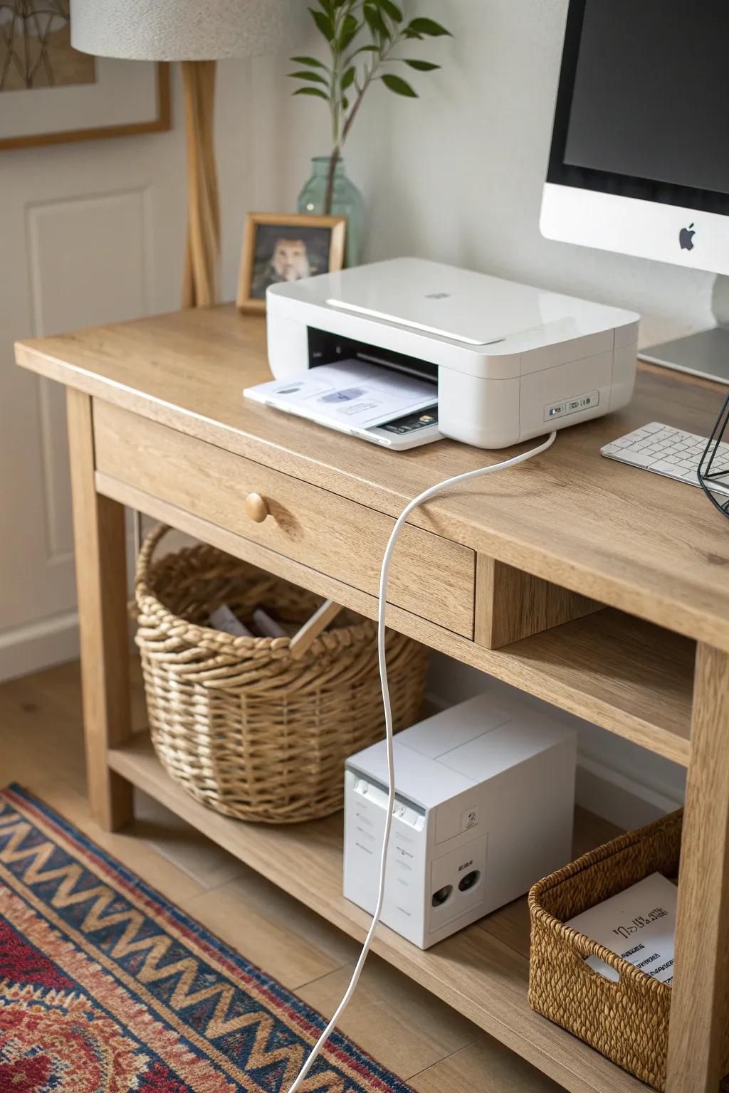 Free your desktop fast: a sleek under-desk printer shelf with cords tucked neatly away.