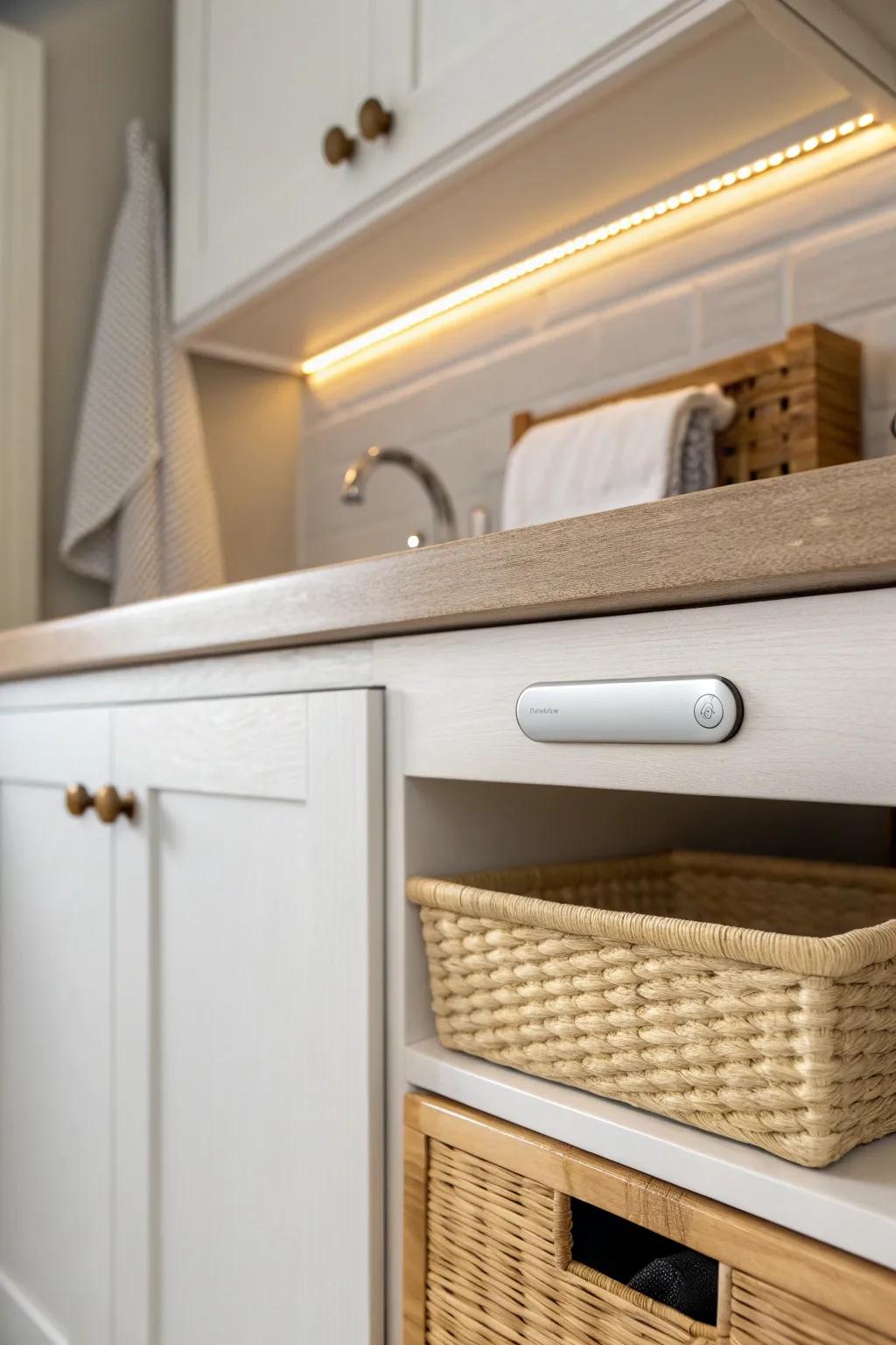 A warm motion-sensor light bar turns the under-sink cabinet into an easy-to-find zone.
